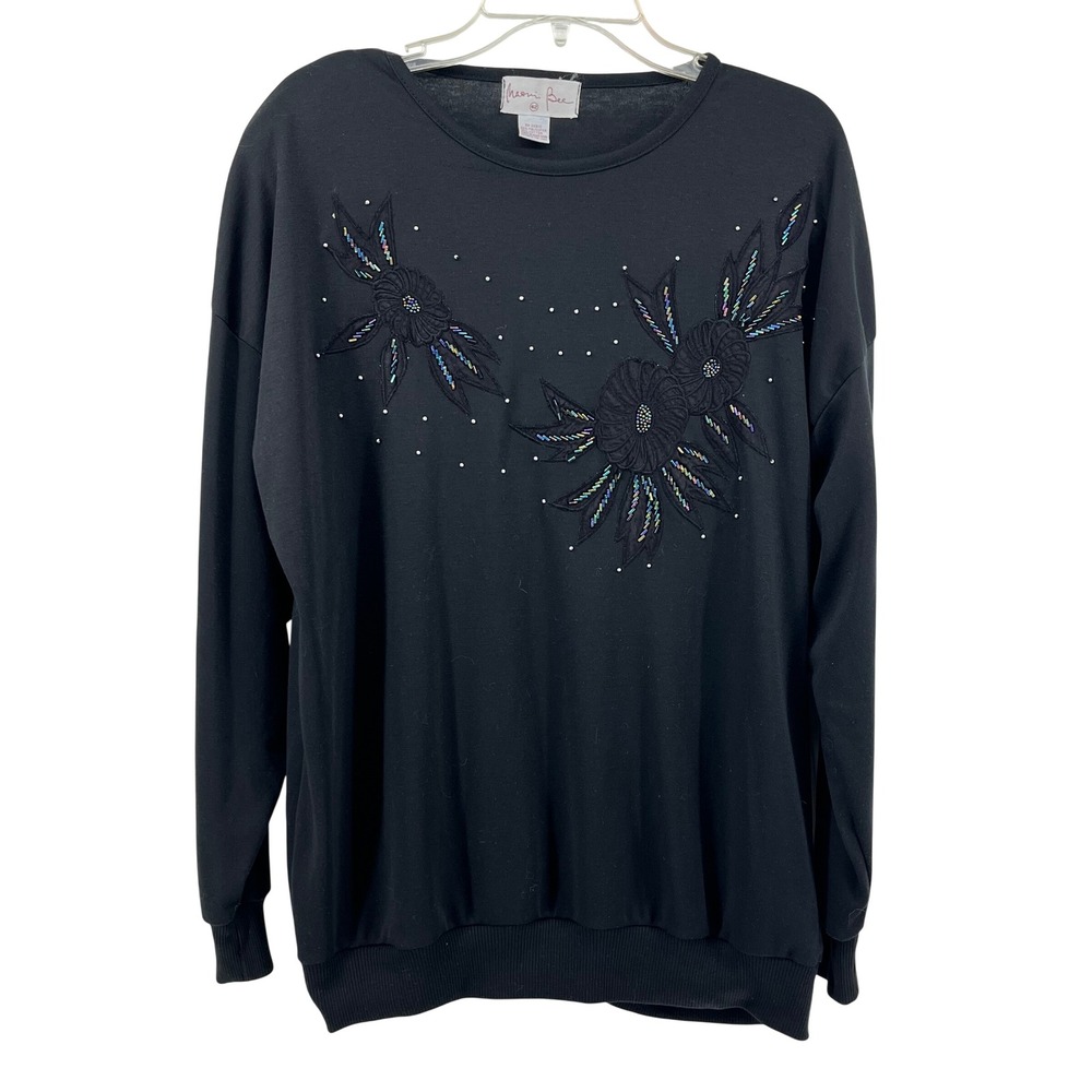 Naomi Bee Black Embellished Floral Long Sleeve Sweatshirt Women's Sz‎ 42 VIntage